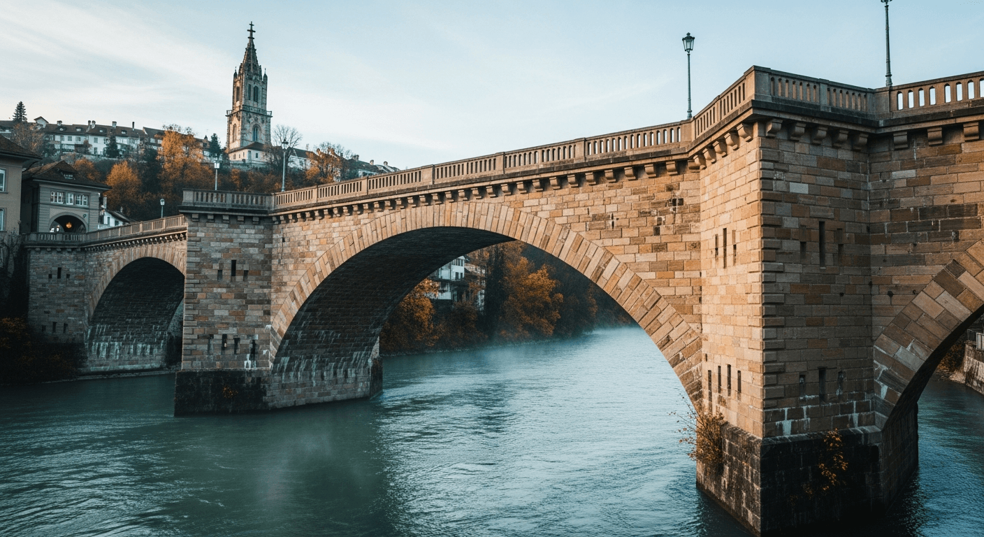 Detail einer historischen Sandstein-Brücke über die Aare mit dem Berner Münster im Hintergrund · Symbolbild für den Kanton Bern