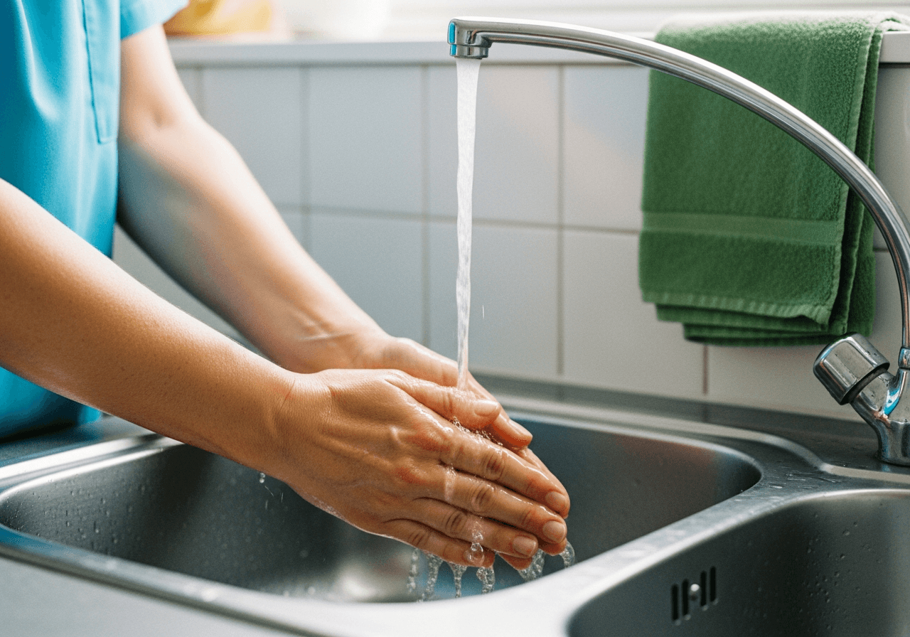Nahaufnahme der Hände einer Pflegekraft beim Händewaschen unter fliessendem Wasser an einem Schweizer Küchenspülbecken