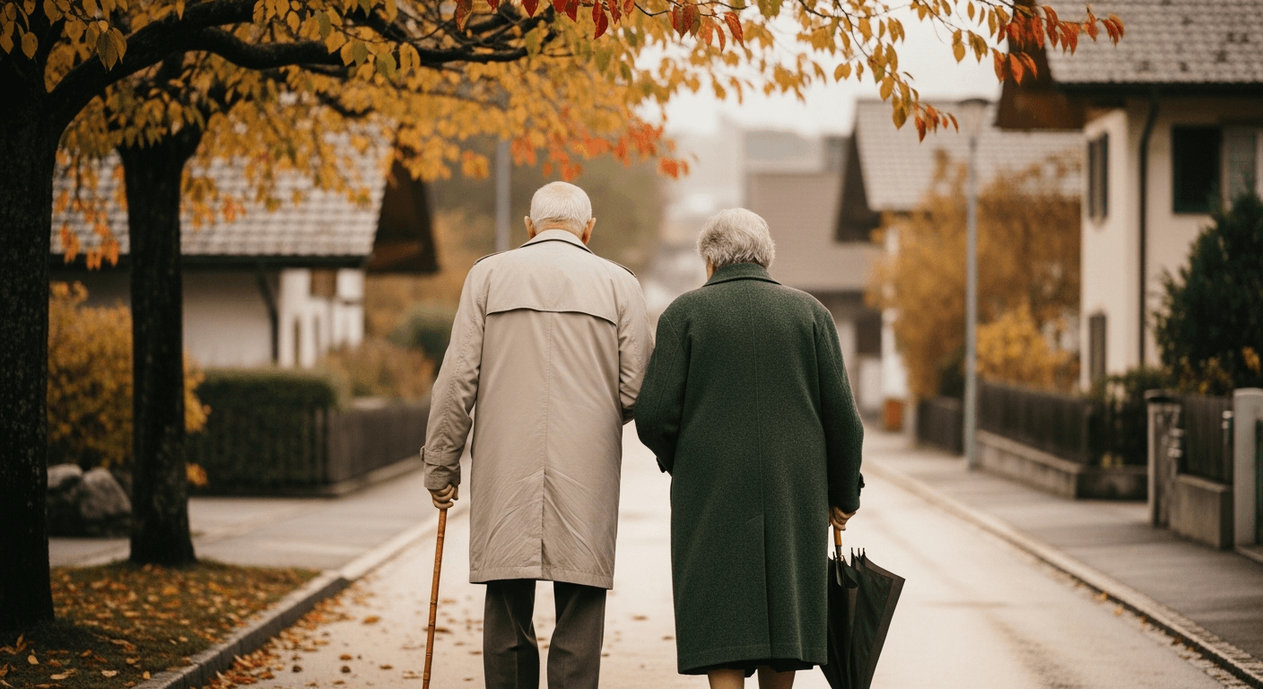 Rückansicht eines älteren Schweizer Paares beim Spaziergang in einer Wohnstrasse im Herbst · Symbolbild für Pflege zuhause in vertrauter Umgebung