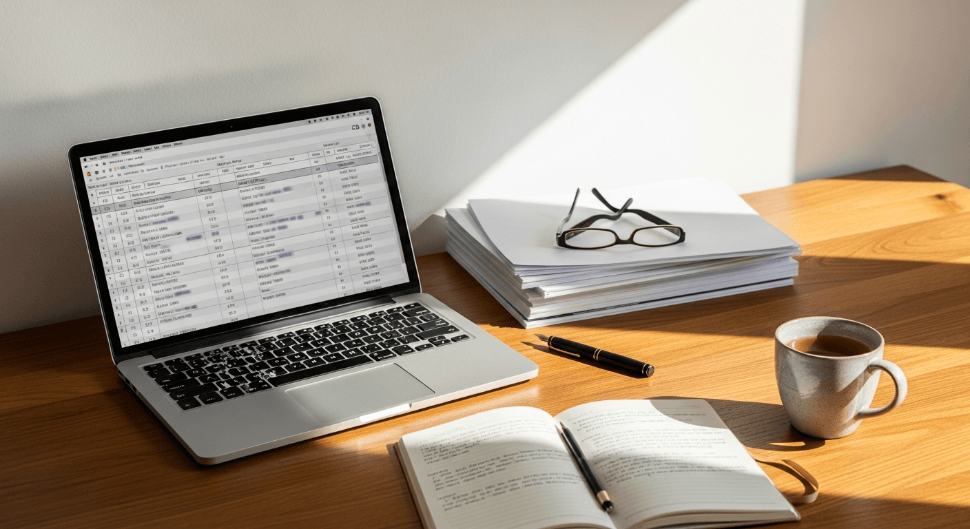 Editorial-Schreibtisch mit Laptop und Vergleichs-Dokumenten · Symbolbild für die Recherche zu weniger bekannten Spitex-Anbietern