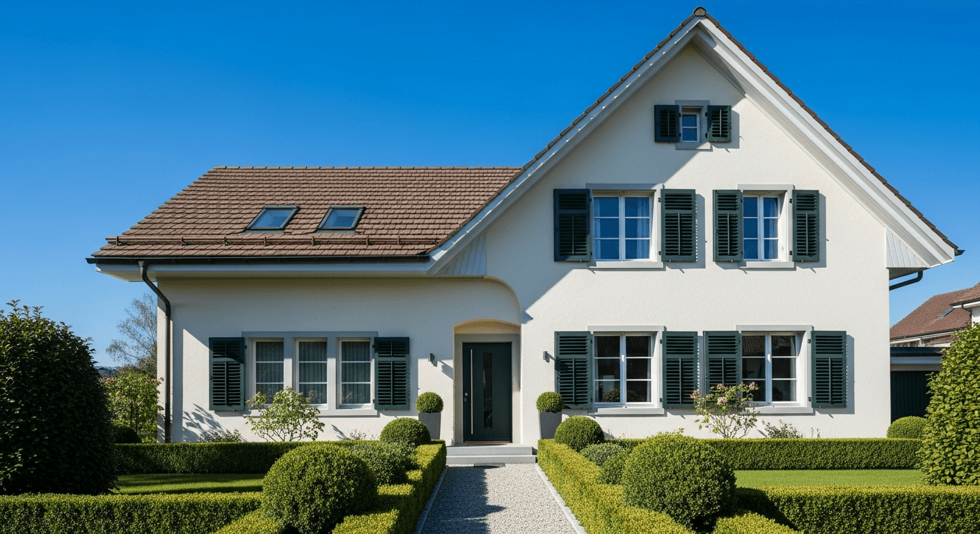 Fassade eines typischen Schweizer Wohnhauses in der Berner Vorortsregion · Symbolbild für lokale Verankerung im Kanton Bern