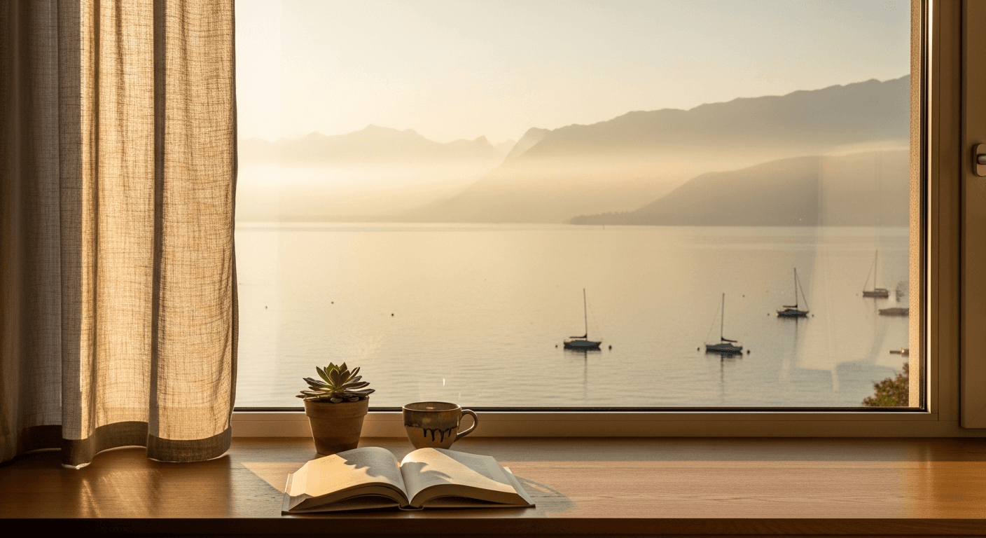 Blick durch ein Schweizer Wohnungsfenster auf den Genfersee im goldenen Licht · Symbolbild für den Kanton Genf