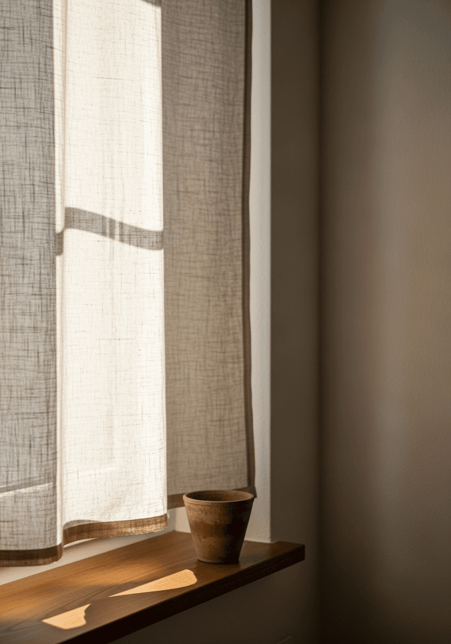 Sanftes Mittagslicht filtert durch einen einfachen ungebleichten Leinenvorhang in einem Schweizer Wohnungsfenster