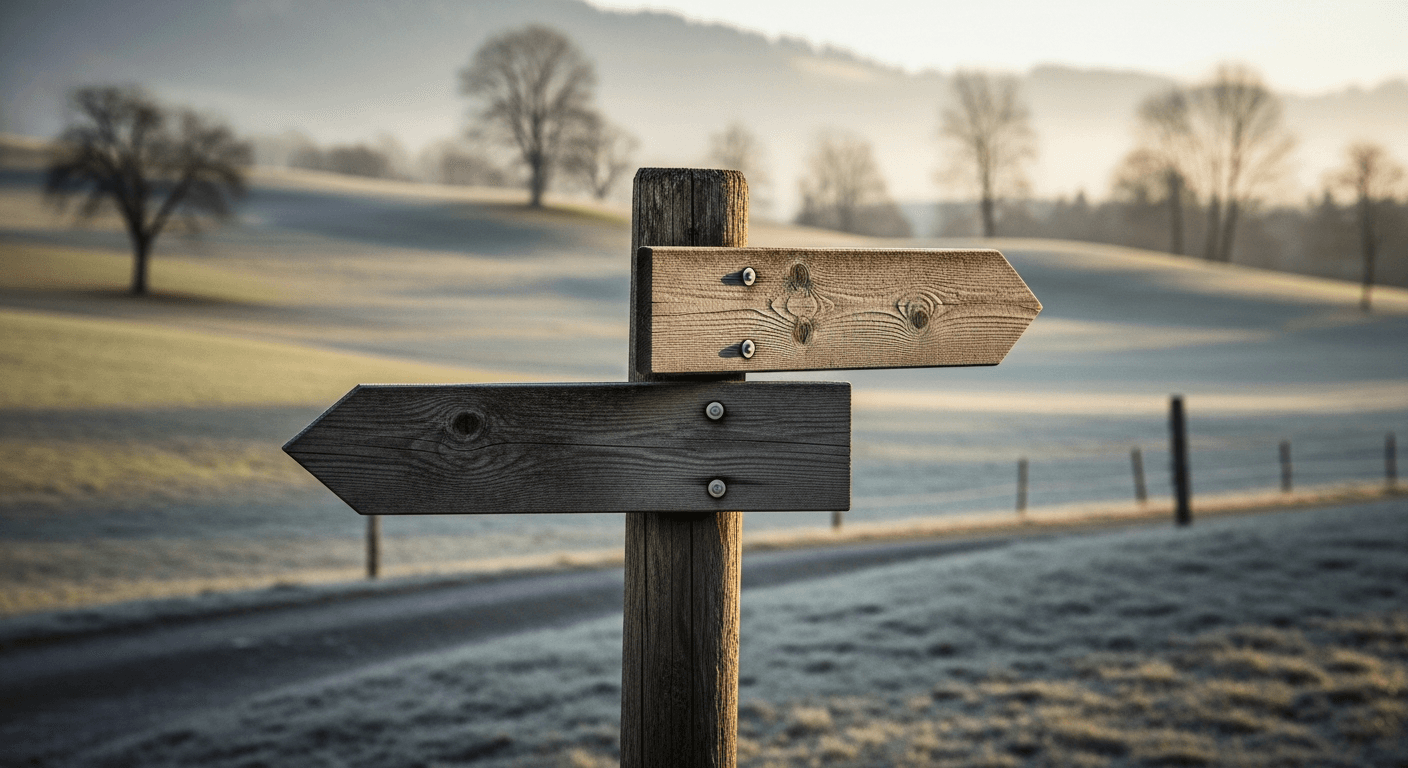 Hölzerner Wegweiser an einem ländlichen Schweizer Pfad im Herbstmorgenlicht, zwei Pfeile zeigen in unterschiedliche Richtungen