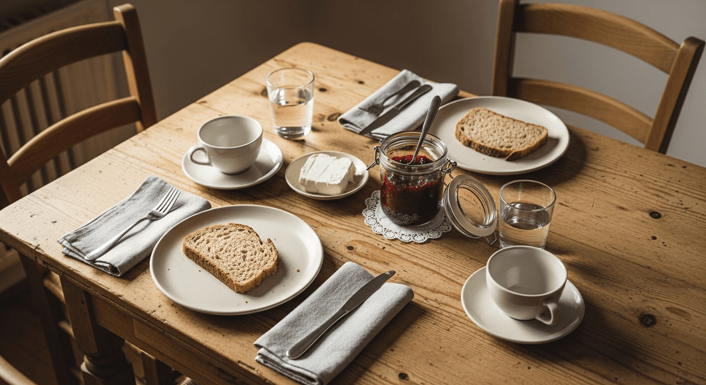 Schweizer Küchentisch für zwei Personen gedeckt mit dunklem Brot, weichem Käse, Marmelade und zwei leeren Teetassen im Morgenlicht