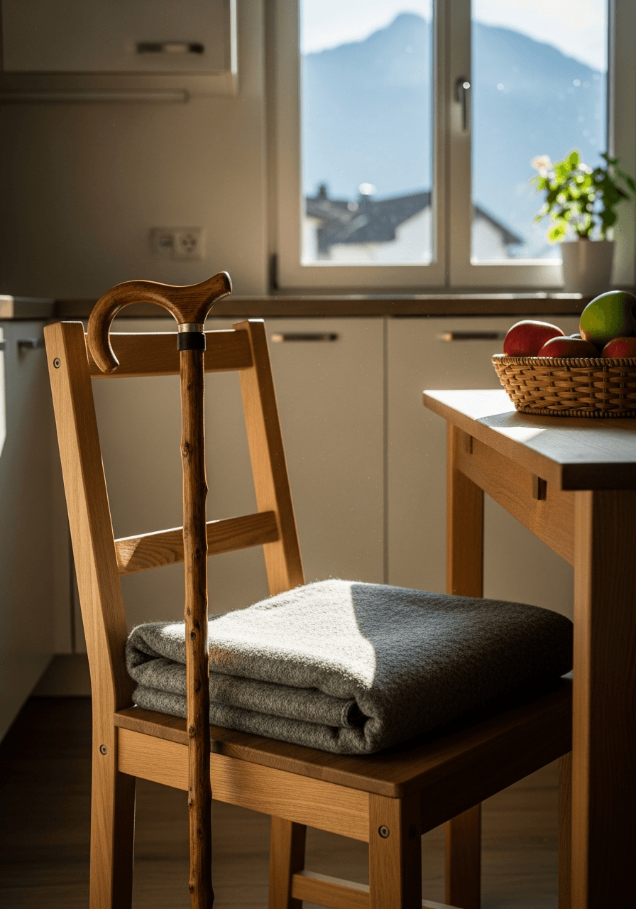 Einfacher Holzgehstock lehnt an einem Küchenstuhl in einer hellen Schweizer Wohnung · Symbolbild für die ruhige Erholungsphase nach Schlaganfall