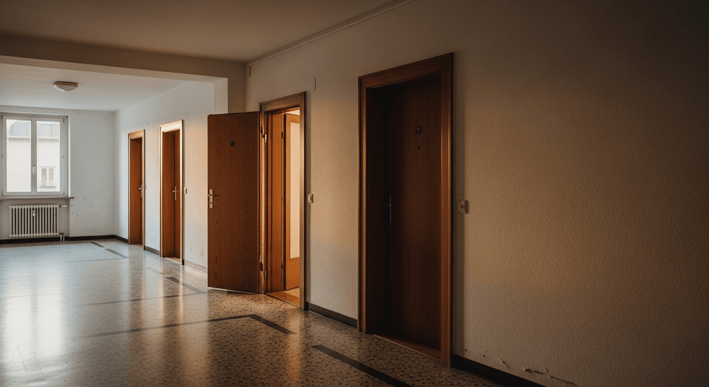 Korridor einer Schweizer Wohnung mit mehreren Holztüren, eine Tür leicht geöffnet mit warmem Licht im Sonnenaufgangs-Morgen