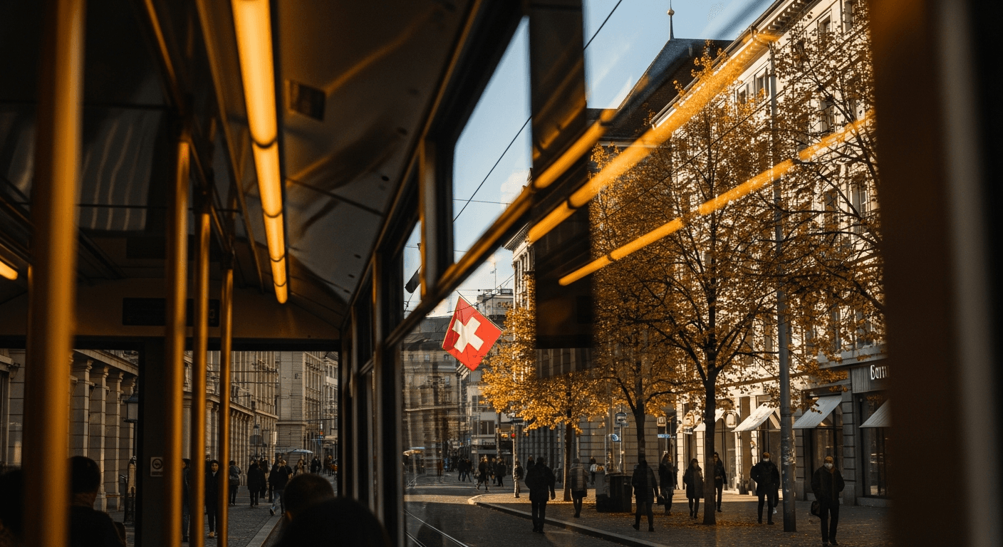 Blick aus einem Zürcher Tram auf eine Altstadt-Strasse im Vormittagslicht · Symbolbild für die urbane Pflegelandschaft im Kanton Zürich
